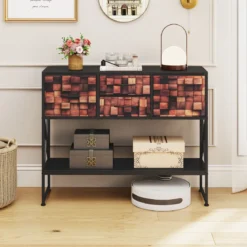 Konsolentisch Mit 4 Stoffschubladen Regal Metallrahmen Holz Mosaikmuster Kaffee & Schwarz