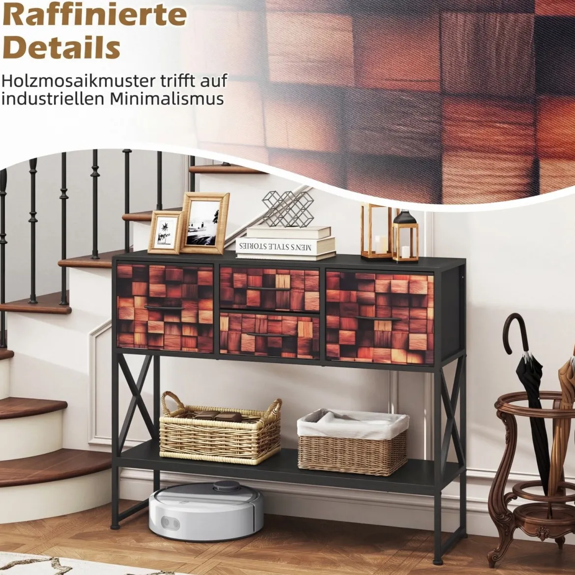 Konsolentisch Mit 4 Stoffschubladen Regal Metallrahmen Holz Mosaikmuster Kaffee & Schwarz
