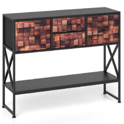 Konsolentisch Mit 4 Stoffschubladen Regal Metallrahmen Holz Mosaikmuster Kaffee & Schwarz