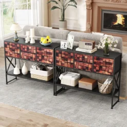 Konsolentisch Mit 4 Stoffschubladen Regal Metallrahmen Holz Mosaikmuster Kaffee & Schwarz