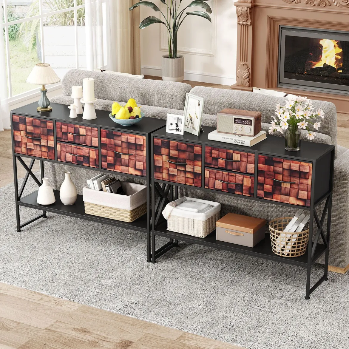 Konsolentisch Mit 4 Stoffschubladen Regal Metallrahmen Holz Mosaikmuster Kaffee & Schwarz