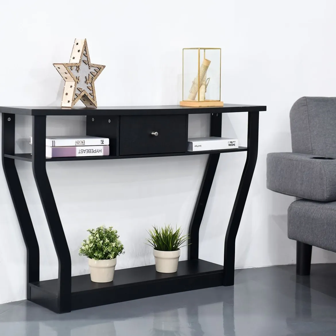 Konsolentisch schwarz Flurtisch mit Schublade und Regal 120 x 30 x 81 cm Schwarz