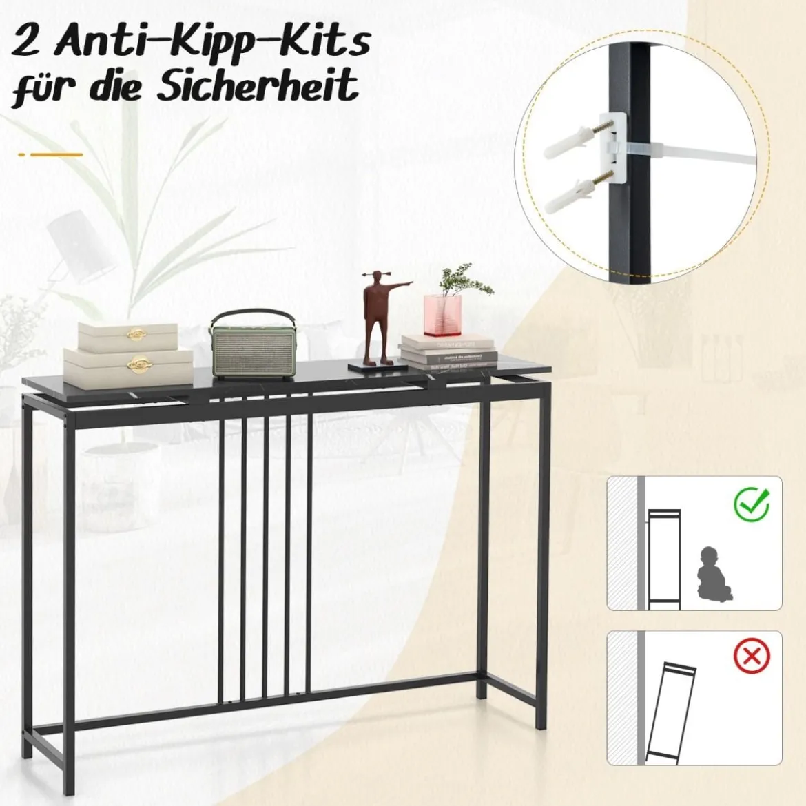 Konsolentisch Sofatisch aus Kunstmarmor 120 x 30 x 90 cm Schwarz