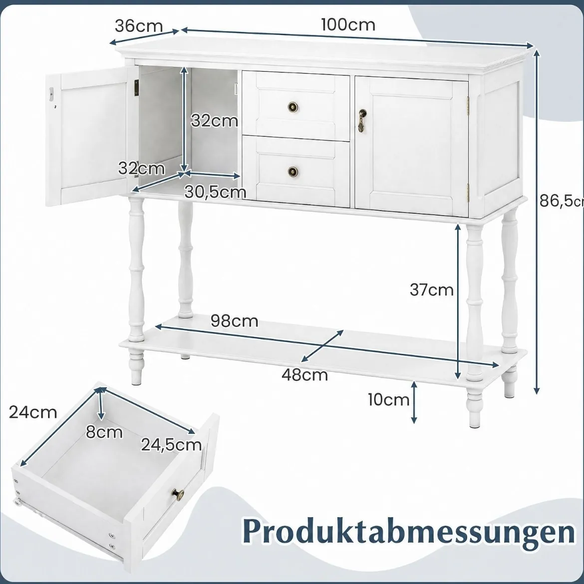 Konsolentisch Vintage mit Antiken Messinggriffen 2 Schubladen & 2 Schränken 100 x 36 x 86,5 cm Weiß