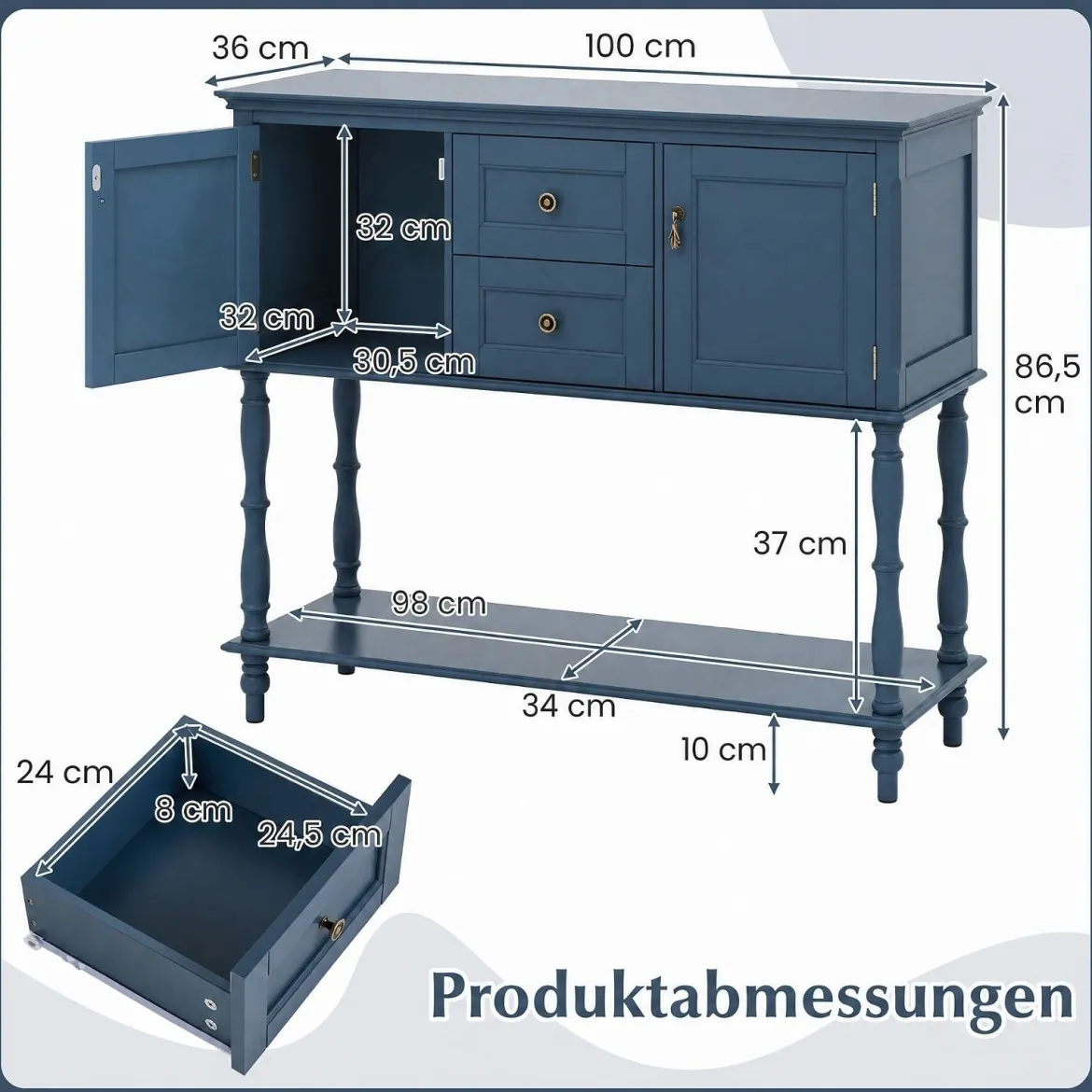 Konsolentisch Vintage mit Antiken Messinggriffen 2 Schubladen & 2 Schränken 100 x 36 x 86,5 cm Blau