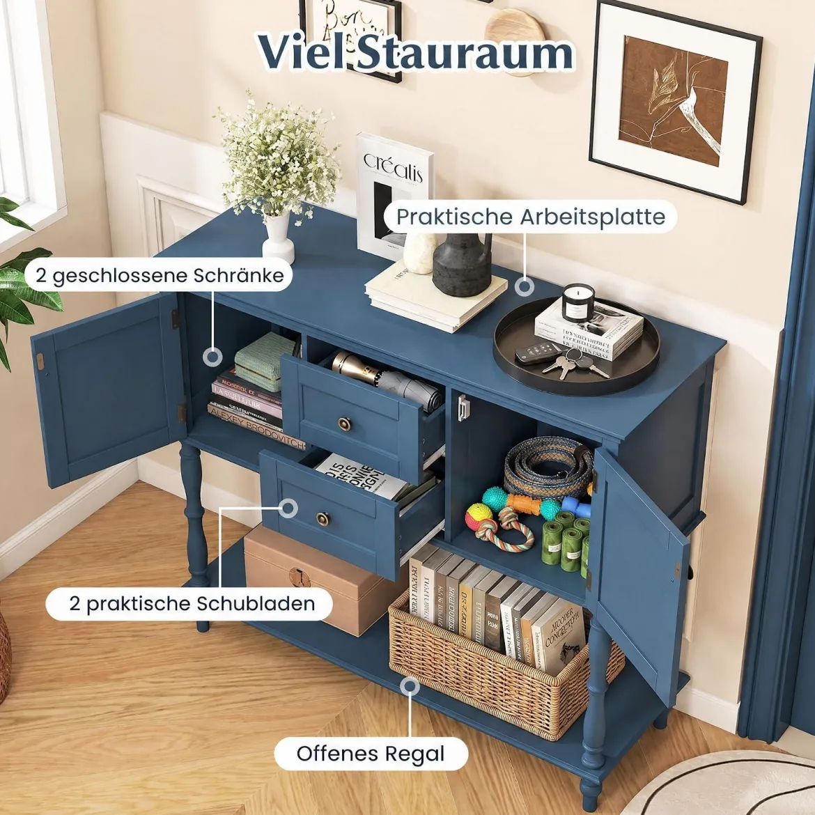 Konsolentisch Vintage mit Antiken Messinggriffen 2 Schubladen & 2 Schränken 100 x 36 x 86,5 cm Blau