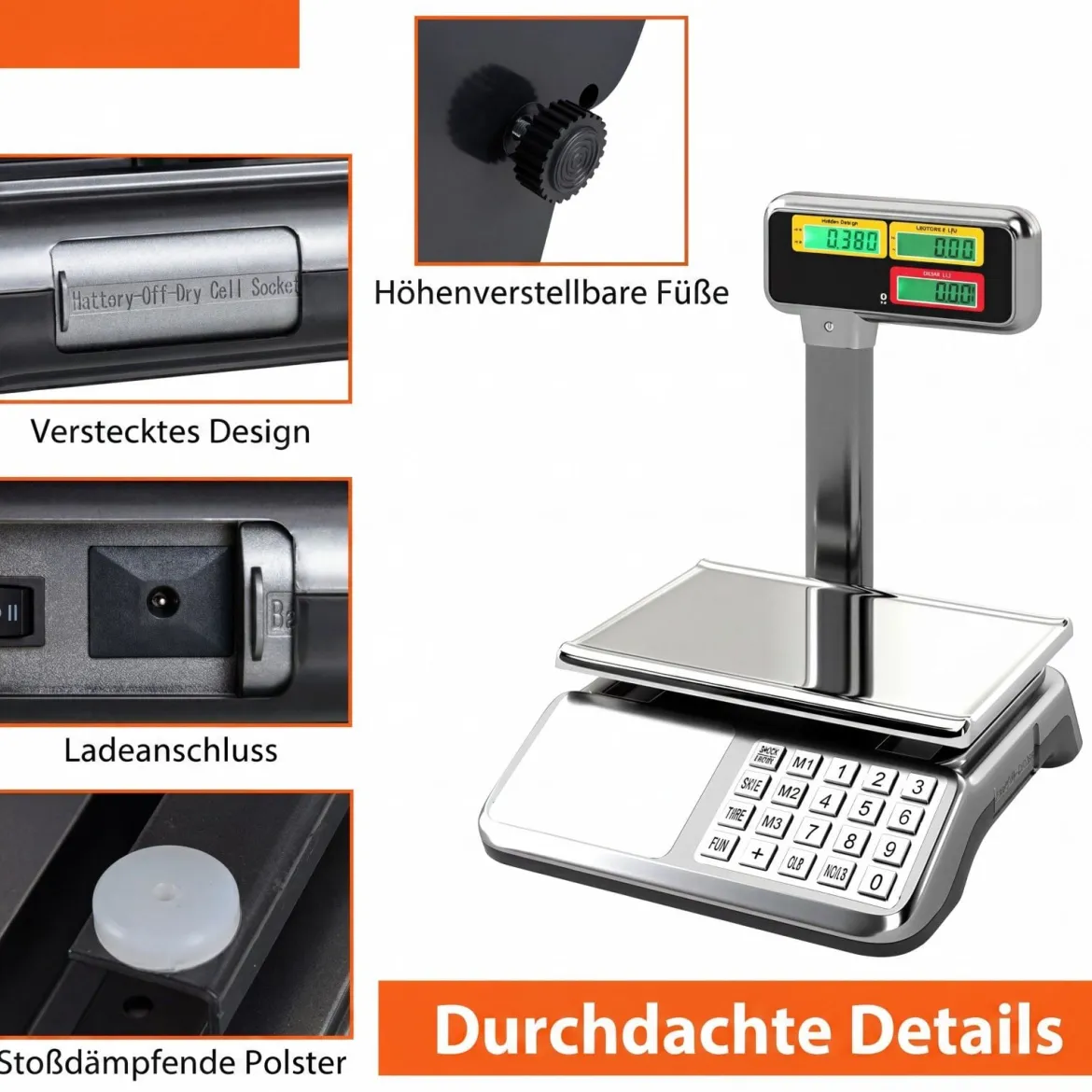 Kontrollwaage 40 kg / 5 g mit Doppelseitiger Hochanzeige Ladenwaage mit Integriertem Akku