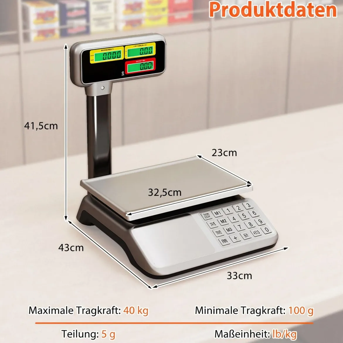 Kontrollwaage 40 kg / 5 g mit Doppelseitiger Hochanzeige Ladenwaage mit Integriertem Akku