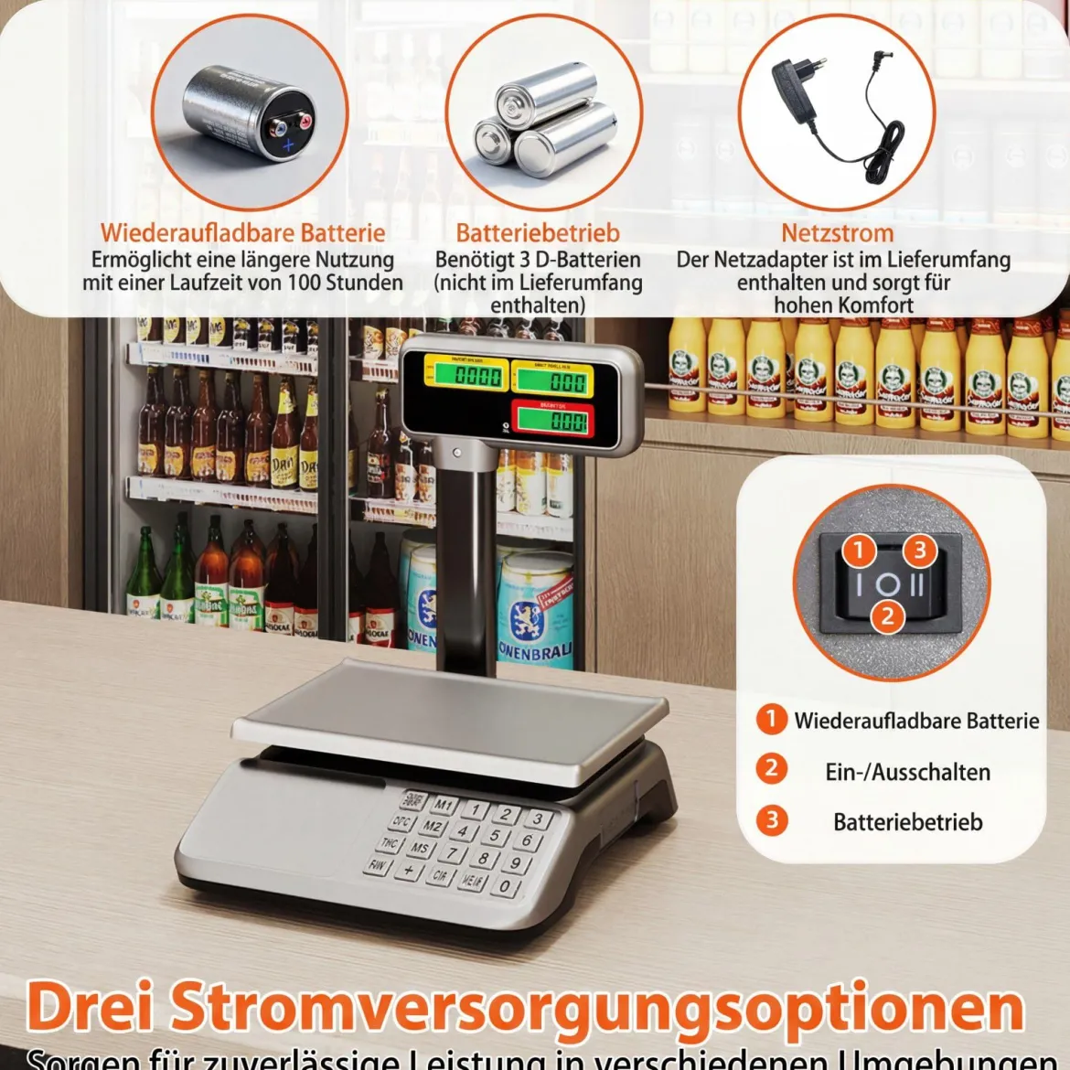 Kontrollwaage 40 kg / 5 g mit Doppelseitiger Hochanzeige Ladenwaage mit Integriertem Akku