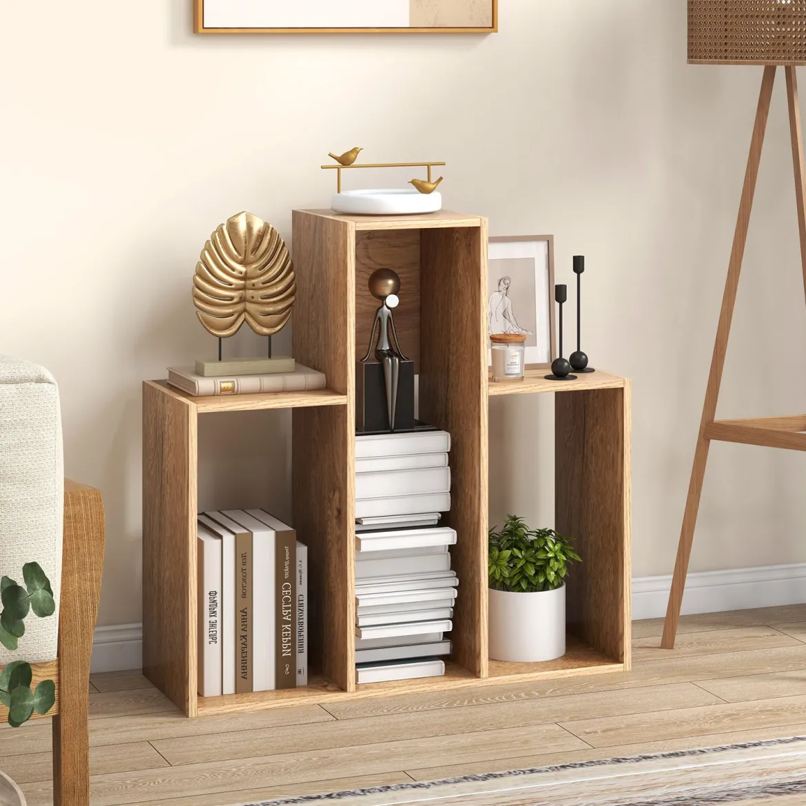 Konvexes Bücherregal mit Kippschutz 3 Ebenen Standregal Raumteiler 29,5 x 84 x 83,5 cm Natur