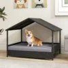Korbhundehütte mit Baldachin erhöhtes Rattansofa für kleine und mittelgroße Hunde bis 60 kg Grau