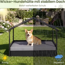 Korbhundehütte mit Baldachin erhöhtes Rattansofa für kleine und mittelgroße Hunde bis 60 kg Grau