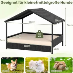 Korbhundehütte mit Baldachin erhöhtes Rattansofa für kleine und mittelgroße Hunde bis 60 kg Beige