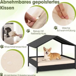 Korbhundehütte mit Baldachin erhöhtes Rattansofa für kleine und mittelgroße Hunde bis 60 kg Beige