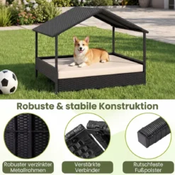 Korbhundehütte mit Baldachin erhöhtes Rattansofa für kleine und mittelgroße Hunde bis 60 kg Beige