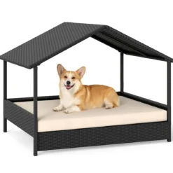 Korbhundehütte mit Baldachin erhöhtes Rattansofa für kleine und mittelgroße Hunde bis 60 kg Beige