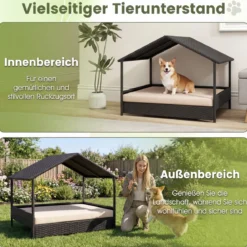 Korbhundehütte mit Baldachin erhöhtes Rattansofa für kleine und mittelgroße Hunde bis 60 kg Beige