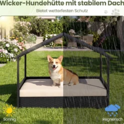 Korbhundehütte mit Baldachin erhöhtes Rattansofa für kleine und mittelgroße Hunde bis 60 kg Beige