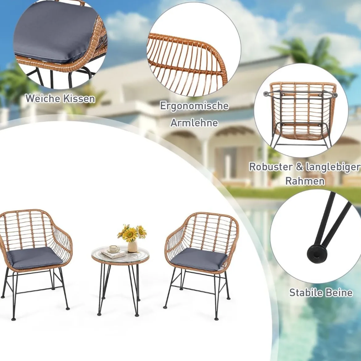 Korbmöbel-Set3-Teiliges Modernes Bistro-Set für die Terrasse