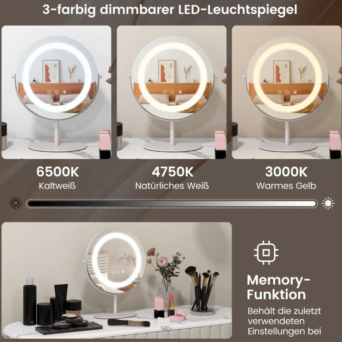 Kosmetikspiegel mit 25 cm Durchmesser & Beleuchtung 3-farbiger dimmbarer LED-Spiegel Weiß