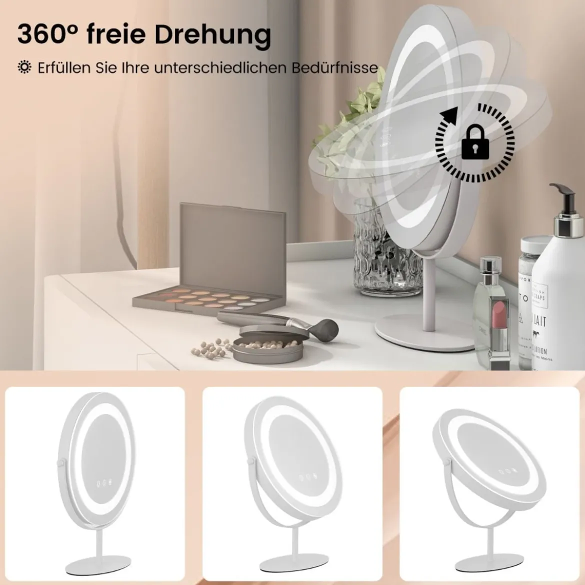 Kosmetikspiegel mit 25 cm Durchmesser & Beleuchtung 3-farbiger dimmbarer LED-Spiegel Weiß