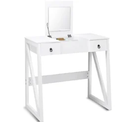 Kosmetiktisch 9 Fächer Multifunktionaler Frisiertisch Schminktisch mit Hocker und Klappspiegel Weiß 80 x 40 x 76 cm