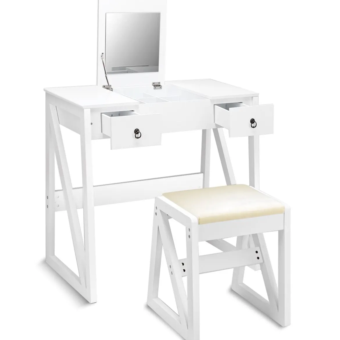Kosmetiktisch 9 Fächer Multifunktionaler Frisiertisch Schminktisch mit Hocker und Klappspiegel Weiß 80 x 40 x 76 cm