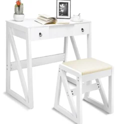 Kosmetiktisch 9 Fächer Multifunktionaler Frisiertisch Schminktisch mit Hocker und Klappspiegel Weiß 80 x 40 x 76 cm