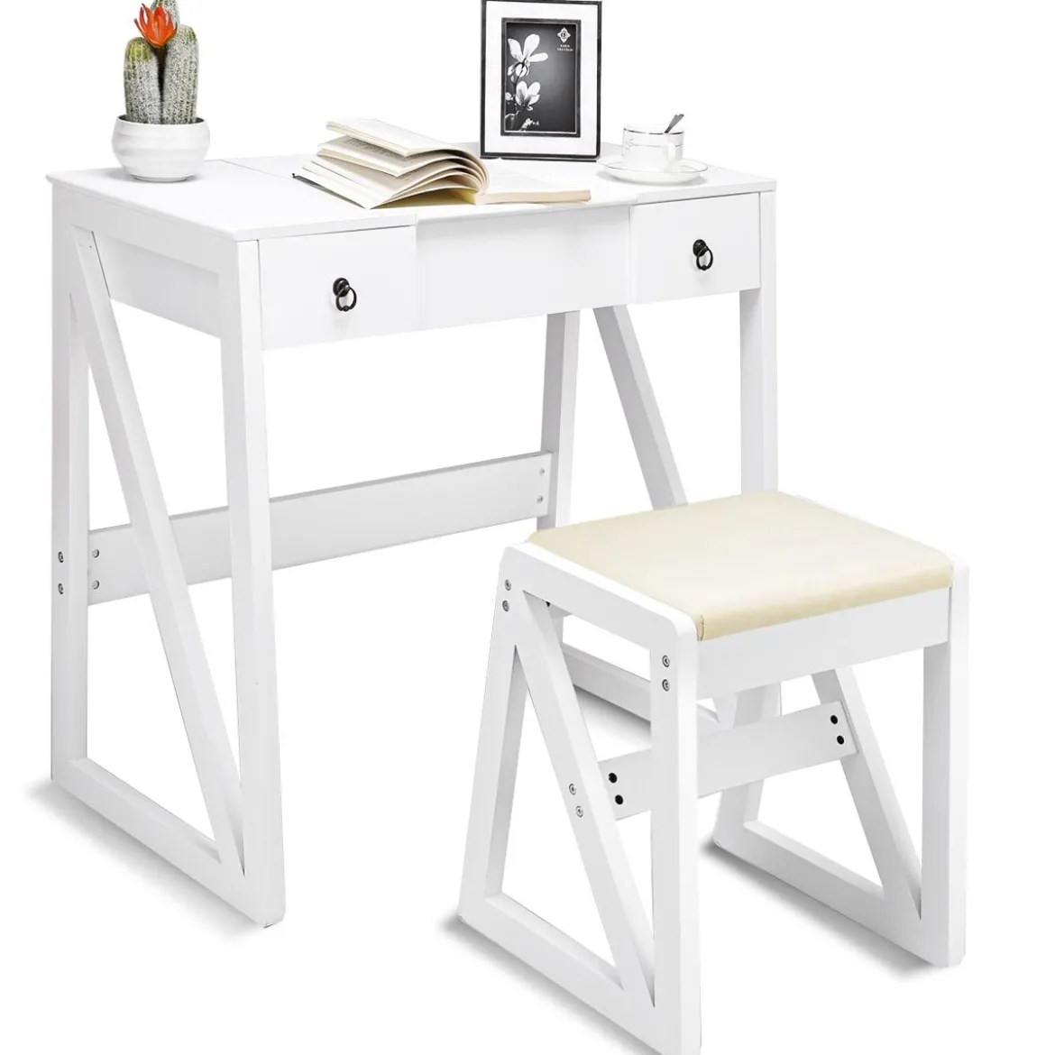 Kosmetiktisch 9 Fächer Multifunktionaler Frisiertisch Schminktisch mit Hocker und Klappspiegel Weiß 80 x 40 x 76 cm
