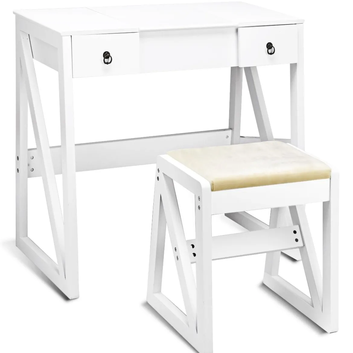 Kosmetiktisch 9 Fächer Multifunktionaler Frisiertisch Schminktisch mit Hocker und Klappspiegel Weiß 80 x 40 x 76 cm