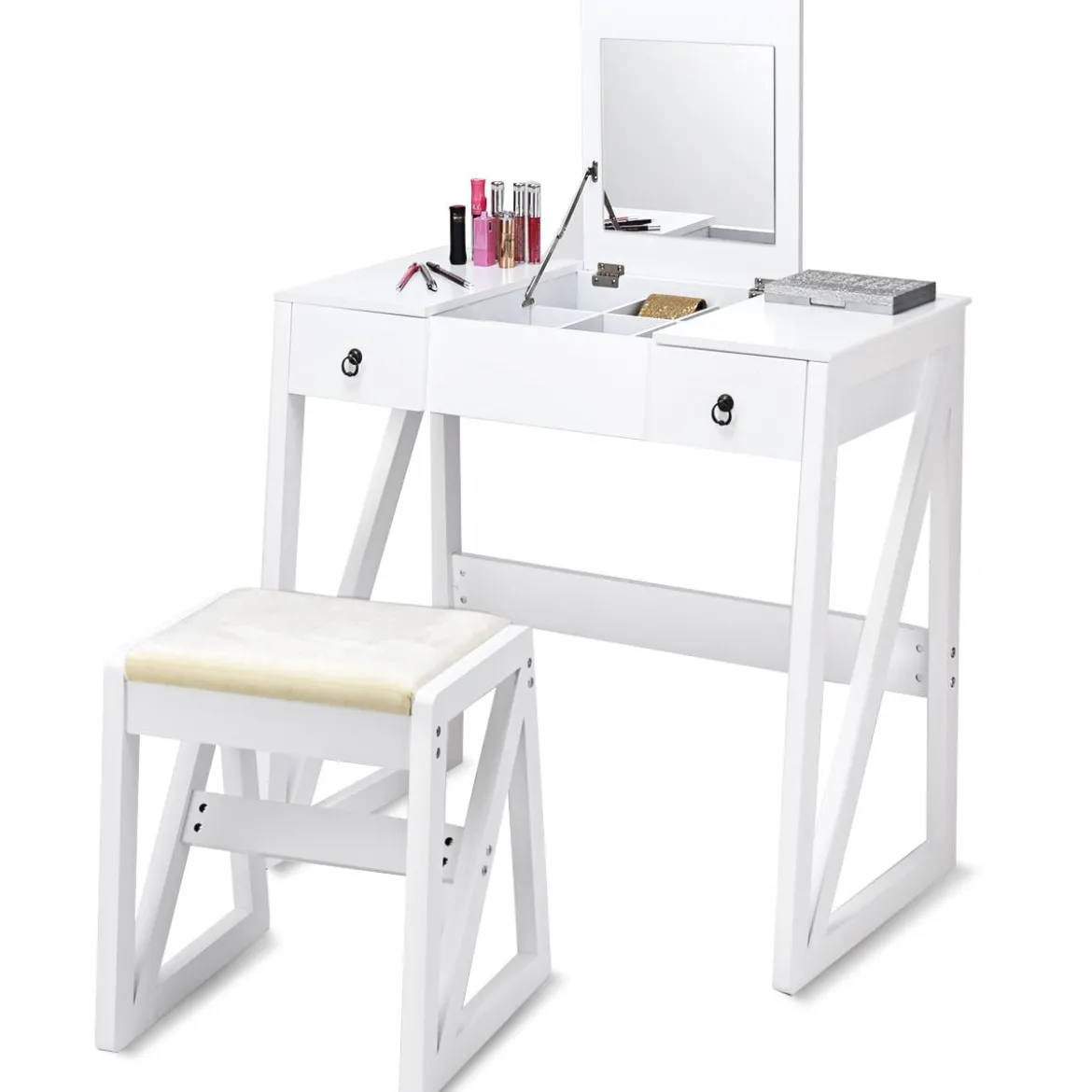 Kosmetiktisch 9 Fächer Multifunktionaler Frisiertisch Schminktisch mit Hocker und Klappspiegel Weiß 80 x 40 x 76 cm
