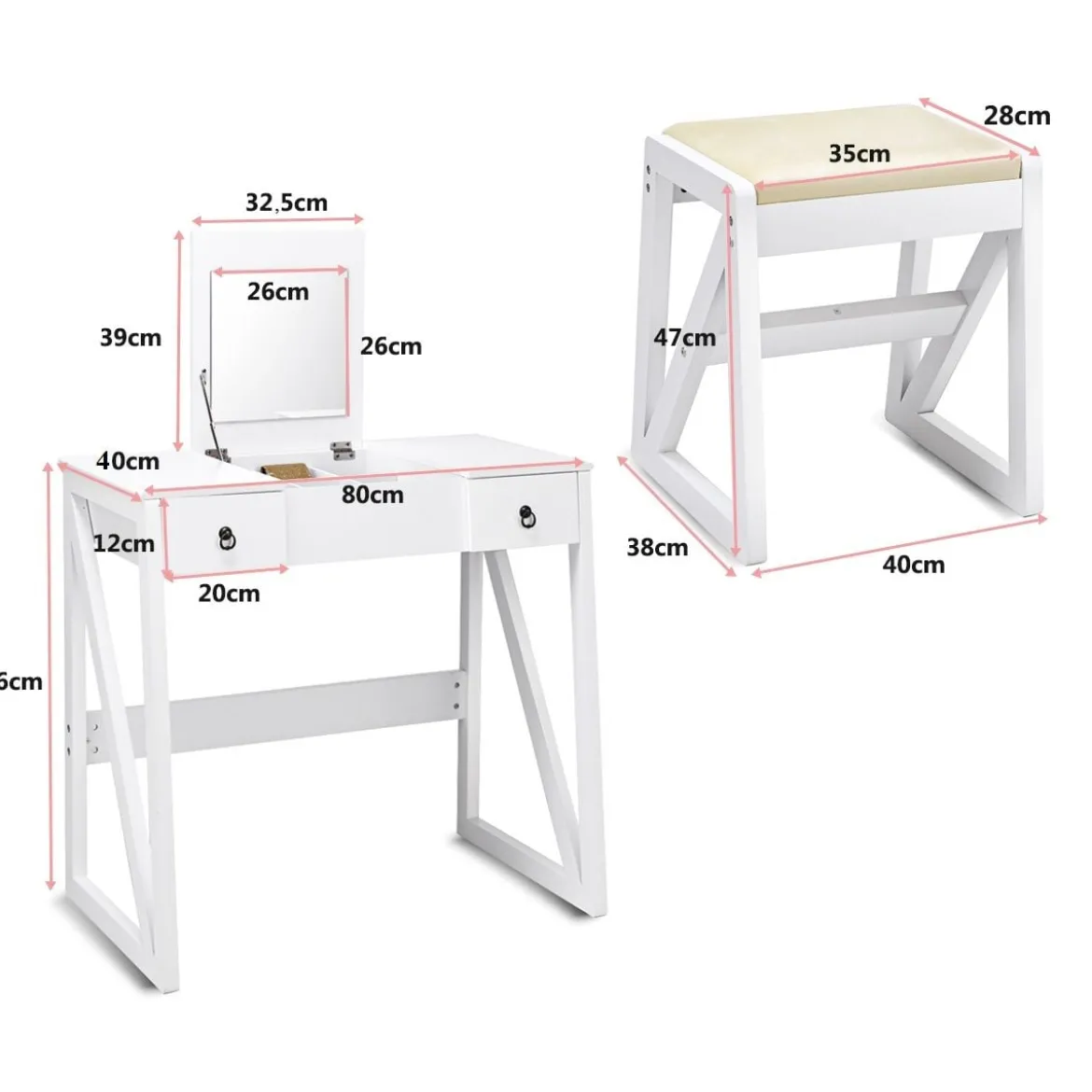 Kosmetiktisch 9 Fächer Multifunktionaler Frisiertisch Schminktisch mit Hocker und Klappspiegel Weiß 80 x 40 x 76 cm