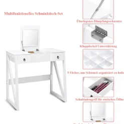 Kosmetiktisch 9 Fächer Multifunktionaler Frisiertisch Schminktisch mit Hocker und Klappspiegel Weiß 80 x 40 x 76 cm