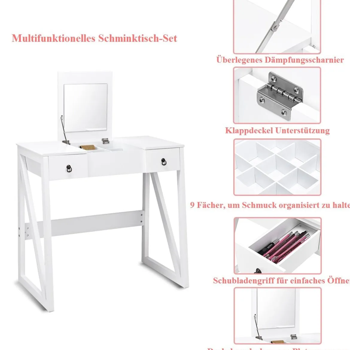 Kosmetiktisch 9 Fächer Multifunktionaler Frisiertisch Schminktisch mit Hocker und Klappspiegel Weiß 80 x 40 x 76 cm