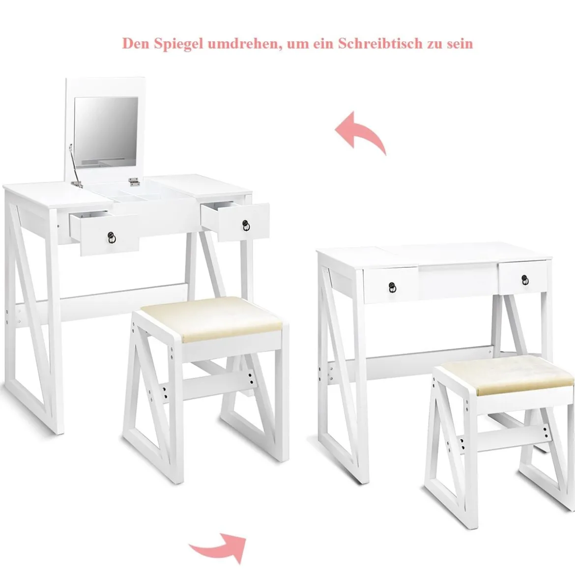 Kosmetiktisch 9 Fächer Multifunktionaler Frisiertisch Schminktisch mit Hocker und Klappspiegel Weiß 80 x 40 x 76 cm