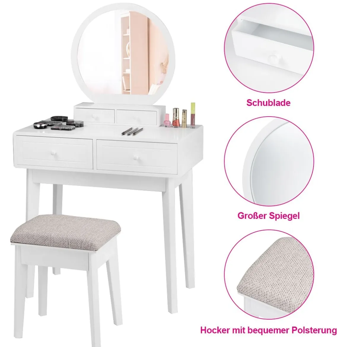 Kosmetiktisch Set 4 Schubladen Schminktisch Frisiertisch mit Hocker und Spiegel Holz