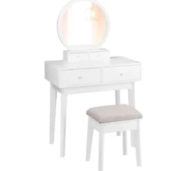 Kosmetiktisch Set 4 Schubladen Schminktisch Frisiertisch mit Hocker und Spiegel Holz