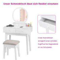Kosmetiktisch Set 4 Schubladen Schminktisch Frisiertisch mit Hocker und Spiegel Holz
