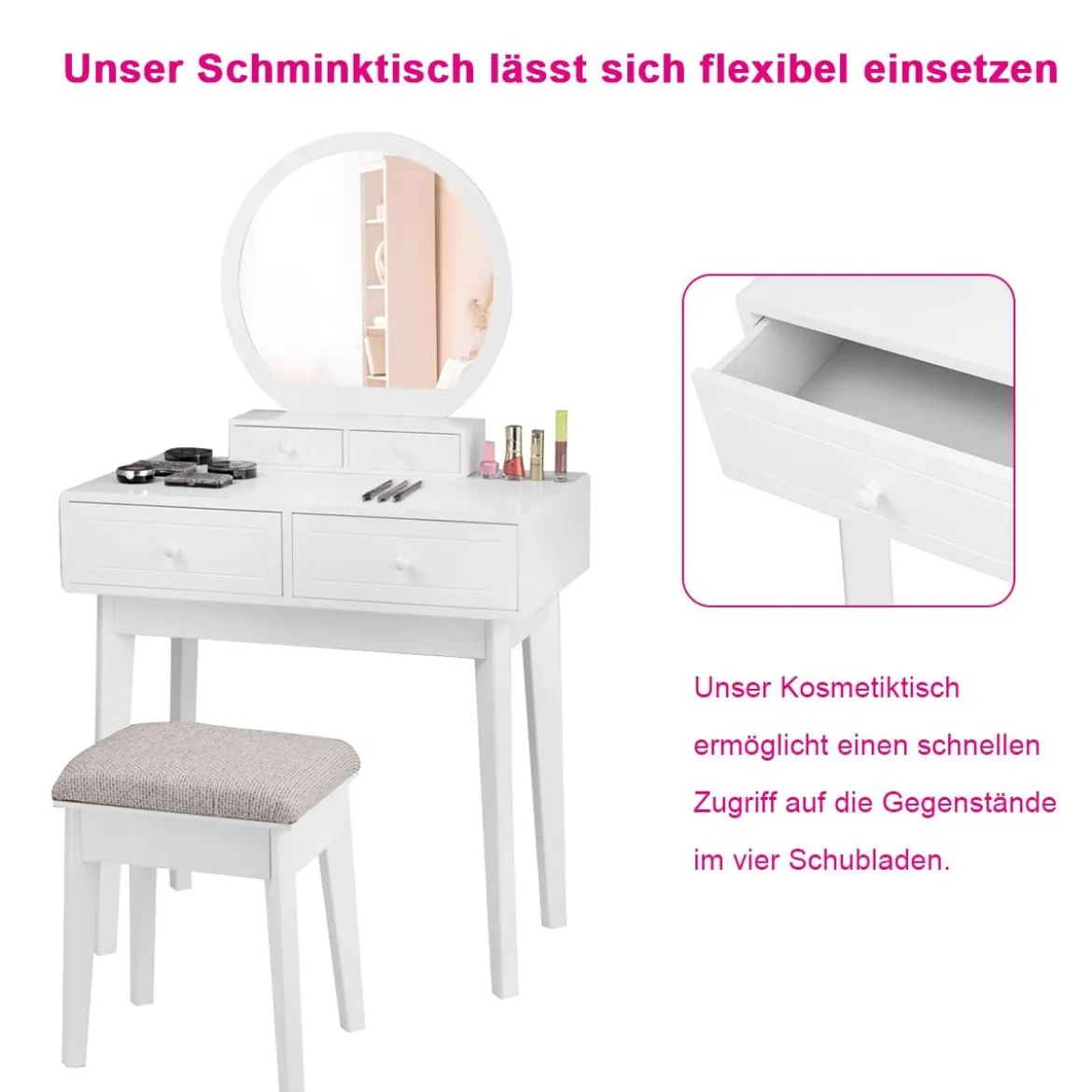 Kosmetiktisch Set 4 Schubladen Schminktisch Frisiertisch mit Hocker und Spiegel Holz