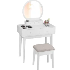 Kosmetiktisch Set 4 Schubladen Schminktisch Frisiertisch mit Hocker und Spiegel Holz