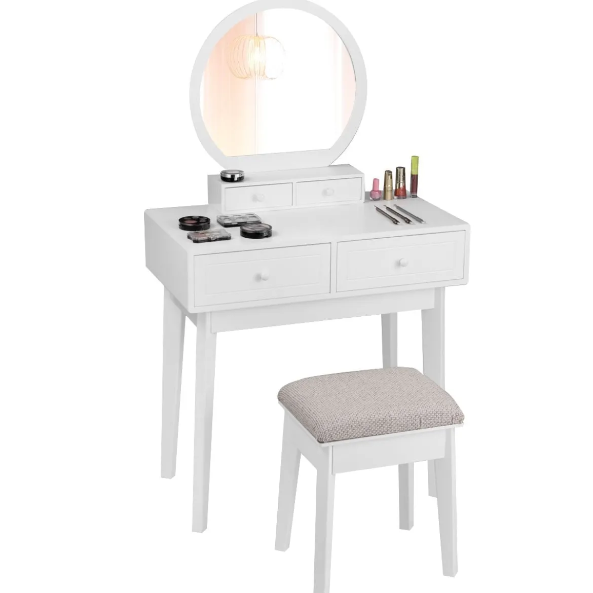 Kosmetiktisch Set 4 Schubladen Schminktisch Frisiertisch mit Hocker und Spiegel Holz