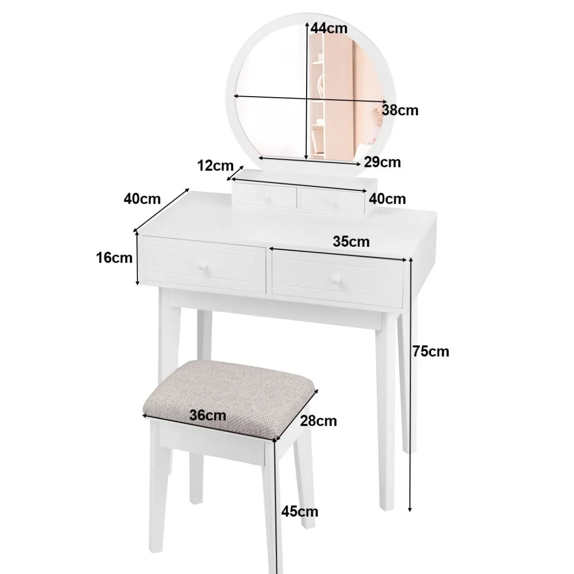 Kosmetiktisch Set 4 Schubladen Schminktisch Frisiertisch mit Hocker und Spiegel Holz