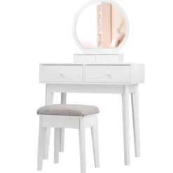 Kosmetiktisch Set 4 Schubladen Schminktisch Frisiertisch mit Hocker und Spiegel Holz