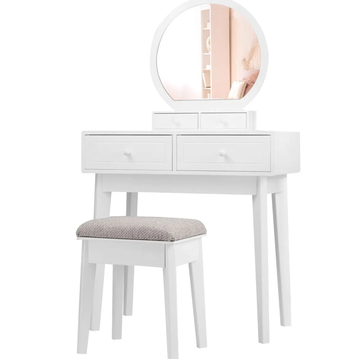 Kosmetiktisch Set 4 Schubladen Schminktisch Frisiertisch mit Hocker und Spiegel Holz