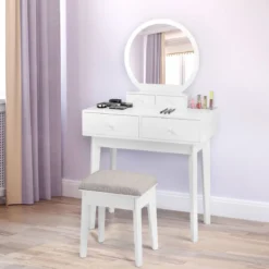 Kosmetiktisch Set 4 Schubladen Schminktisch Frisiertisch mit Hocker und Spiegel Holz