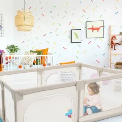 Krabbelgitter 150 x 190 cm Baby Laufstall mit 2 Türen Beige