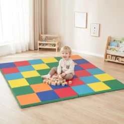 Krabbelteppich für Kleinkinder faltbare Spielmatte mit Kunstleder & weichem Schaumstoff große Bodenmatte Regenbogen
