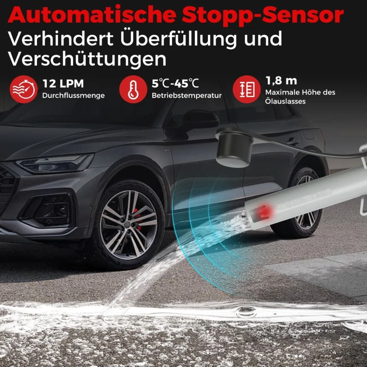 Kraftstoff Umfüllpumpe mit Auto-Stopp-Sensor & 3 Größen Adaptern Elektrische Kraftstoffpumpe