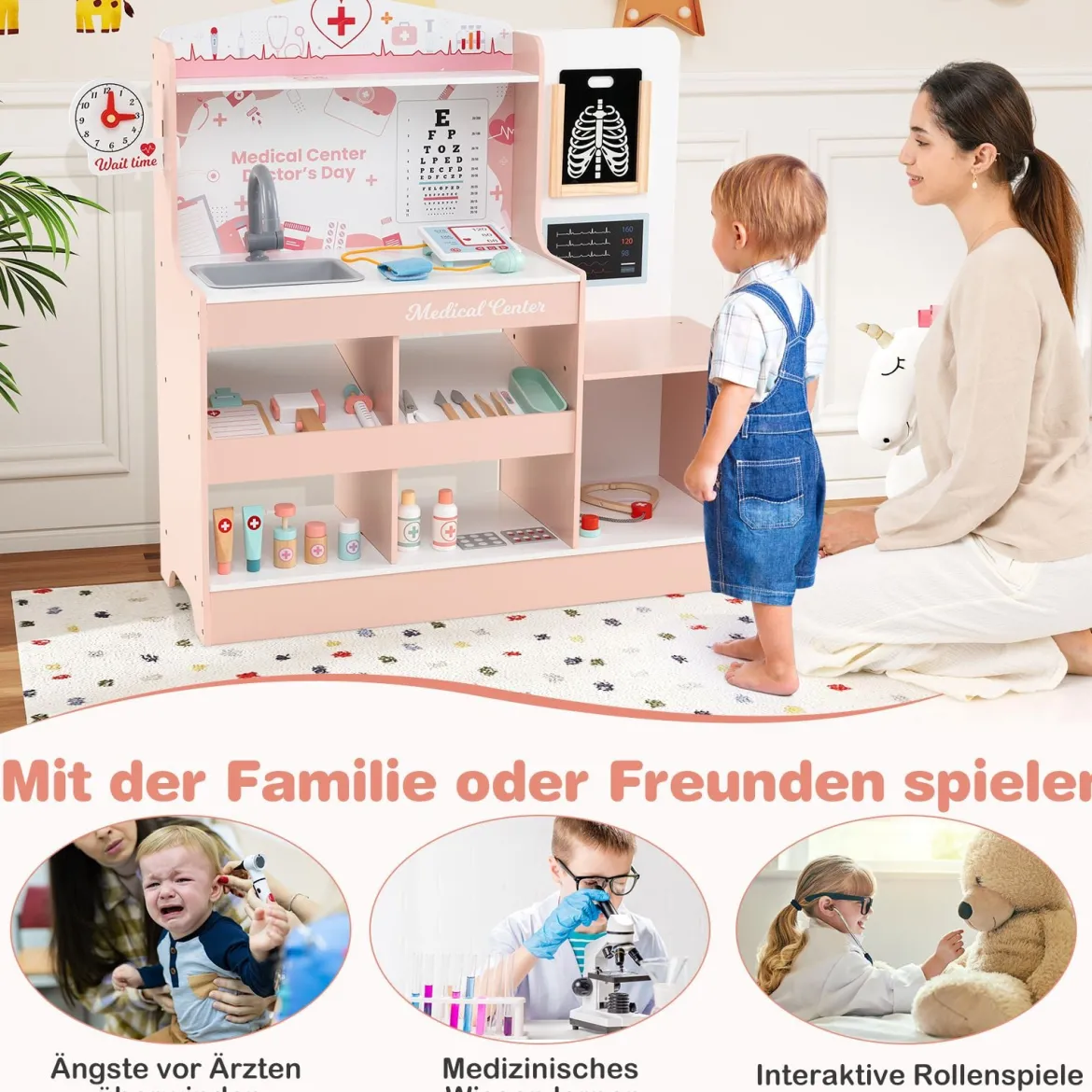 Krankenhaus Spielzeug mit Medizinischen Geräten & 24 Zubehör Holz Doktor-Spielset Rosa