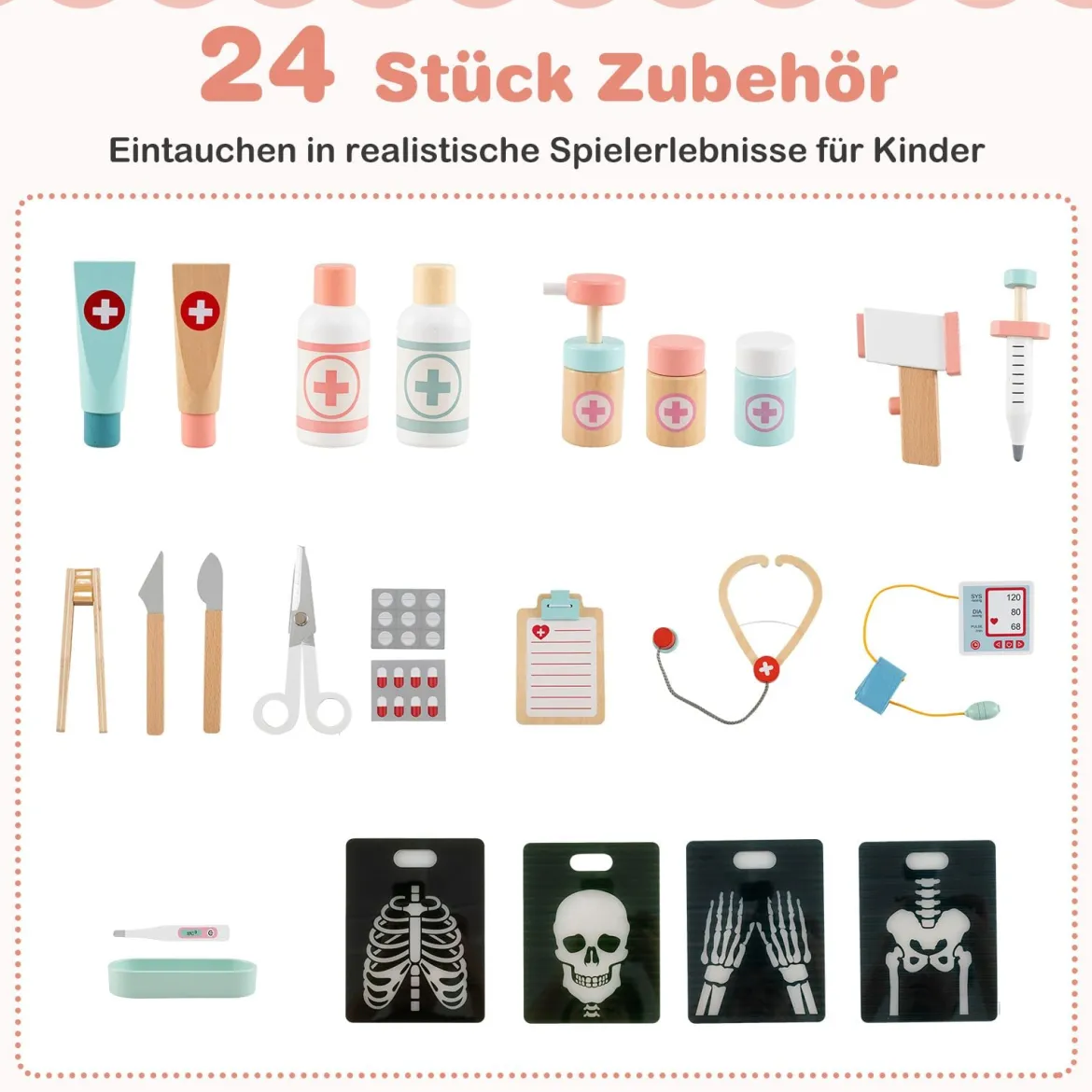 Krankenhaus Spielzeug mit Medizinischen Geräten & 24 Zubehör Holz Doktor-Spielset Rosa